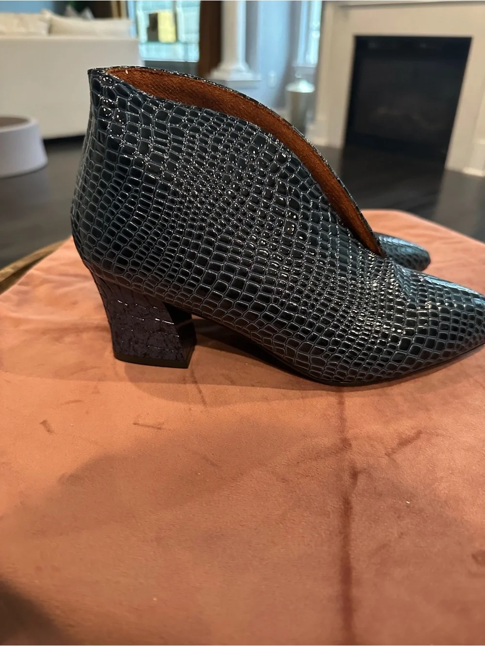 Pointed Toe Women's Ankle Boots in Black Croc-Embossed Leather